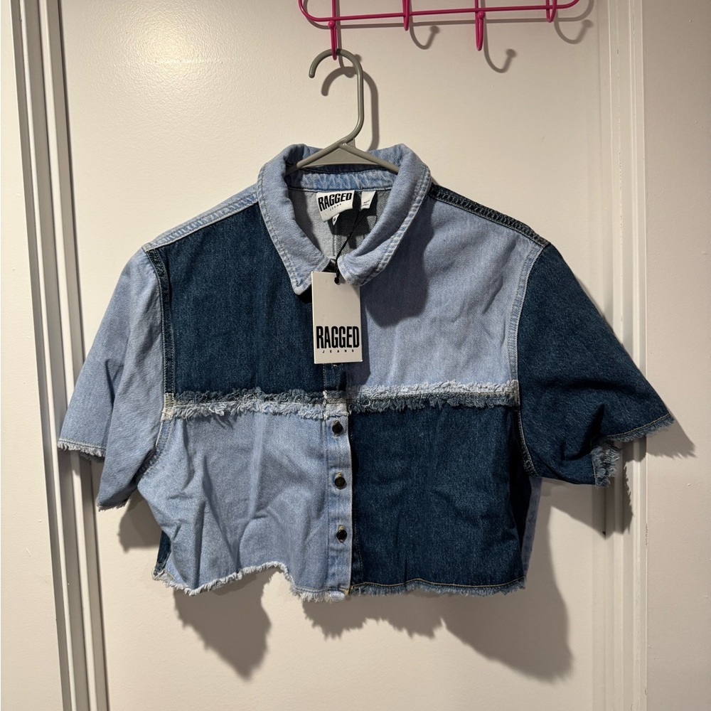 Ragged Priest Blue Patchwork Denim Cropped Button Up Shirt
